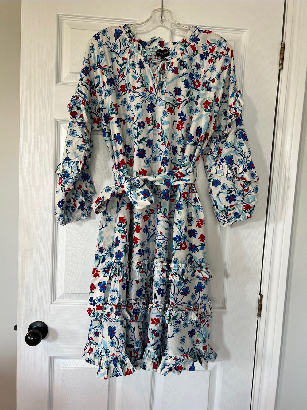 Jessie Zhao Floral Tie-Waist Mini Dress in White with Blue & Red Print
